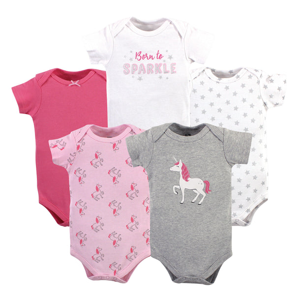 Hudson Baby Infant Girl Cotton Bodysuits 5 Pack, Pink Unicorn