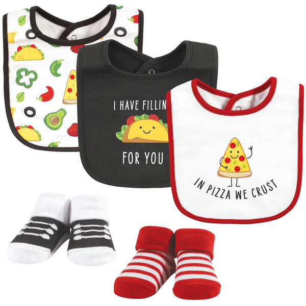 Hudson Baby Infant Boy Cotton Bib and Sock Set, Boy Pizza Taco, One Size