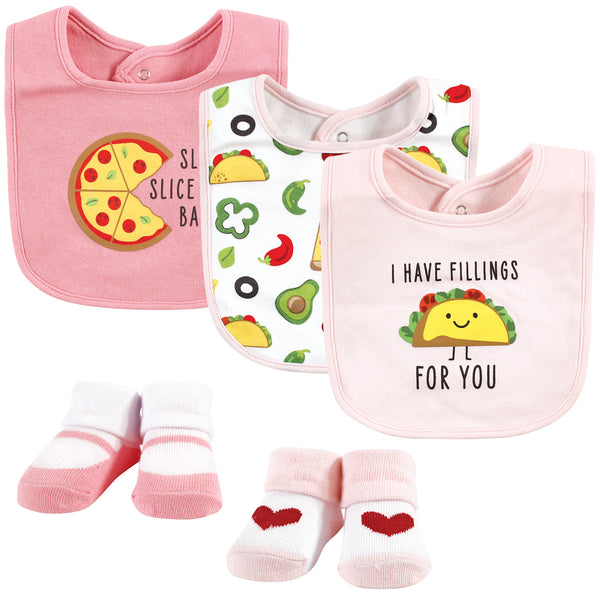 Hudson Baby Infant Girl Cotton Bib and Sock Set, Girl Pizza Taco, One Size