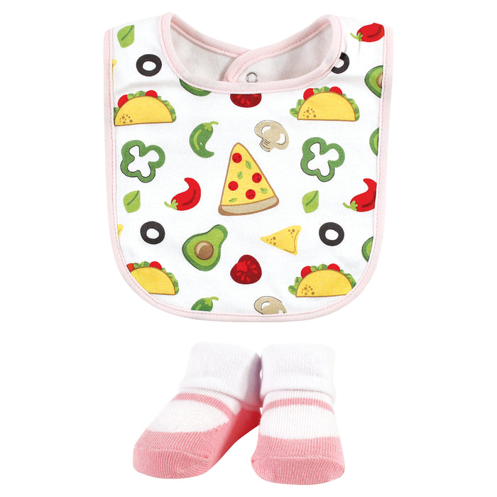 Hudson Baby Infant Girl Cotton Bib and Sock Set, Girl Pizza Taco, One Size