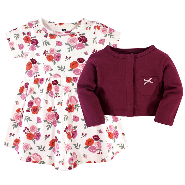 Hudson Baby Girls Cotton Dress and Cardigan 2 Piece Set, Fall Floral