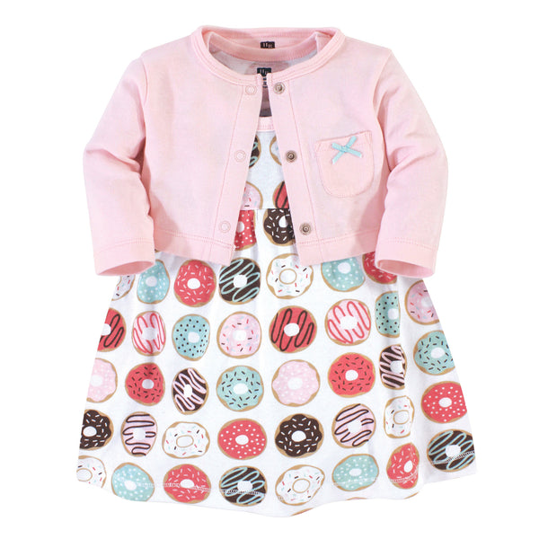 Hudson Baby Girls Cotton Dress and Cardigan 2 Piece Set, Donuts