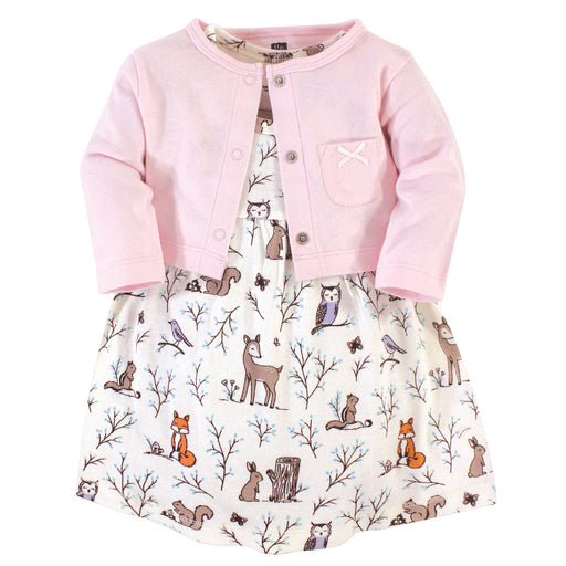 Hudson Baby Girls Cotton Dress and Cardigan 2 Piece Set, Enchanted Forest