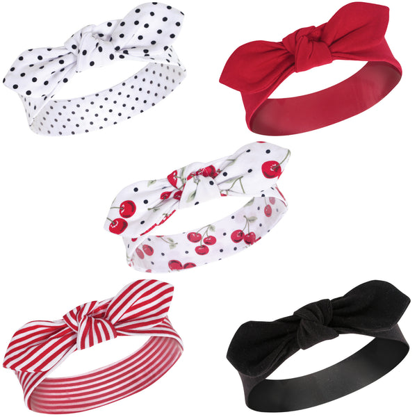 Hudson Baby Infant Girl Cotton Headbands 5-Pack, Cherries, 0-24 Months