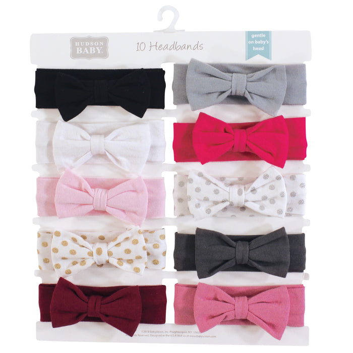 Hudson Baby Infant Girl Cotton Headbands 10-Pack, Classic Bow, 0-24 Months