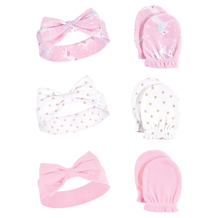 Hudson Baby Infant Girl Cotton Headband and Scratch Mitten 6 Piece Set, Unicorn