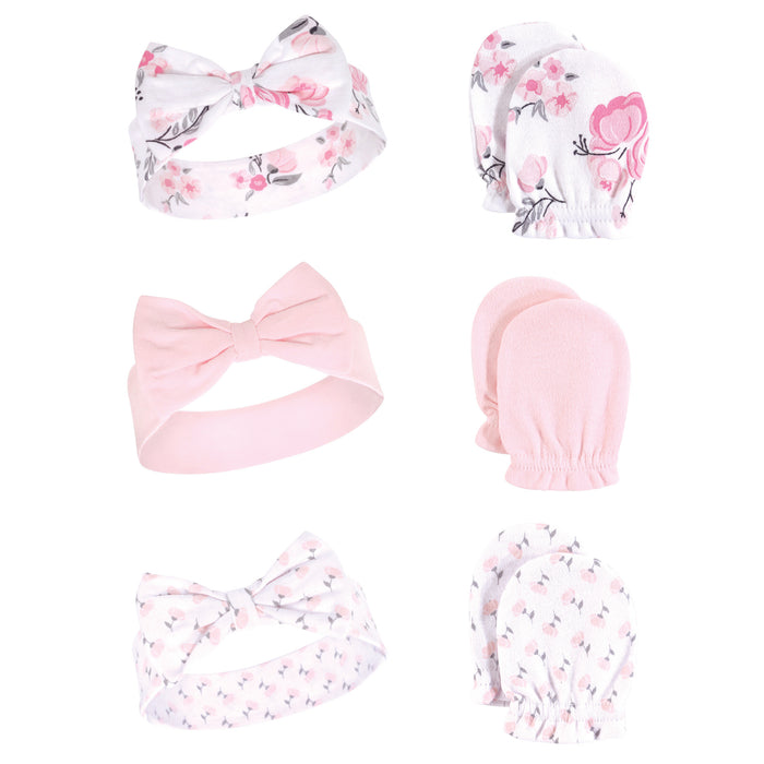 Hudson Baby Infant Girl Cotton Headband and Scratch Mitten 6 Piece Set, Pink Floral