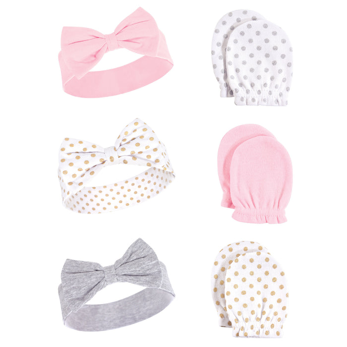 Hudson Baby Infant Girl Cotton Headband and Scratch Mitten 6 Piece Set, Dots