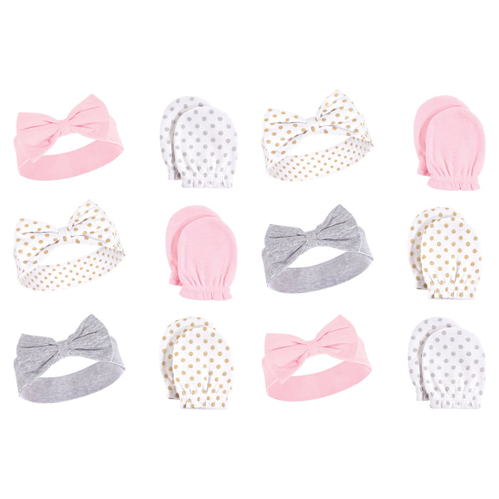 Hudson Baby Infant Girl Cotton Headband and Scratch Mitten Set, Dots 12-Piece