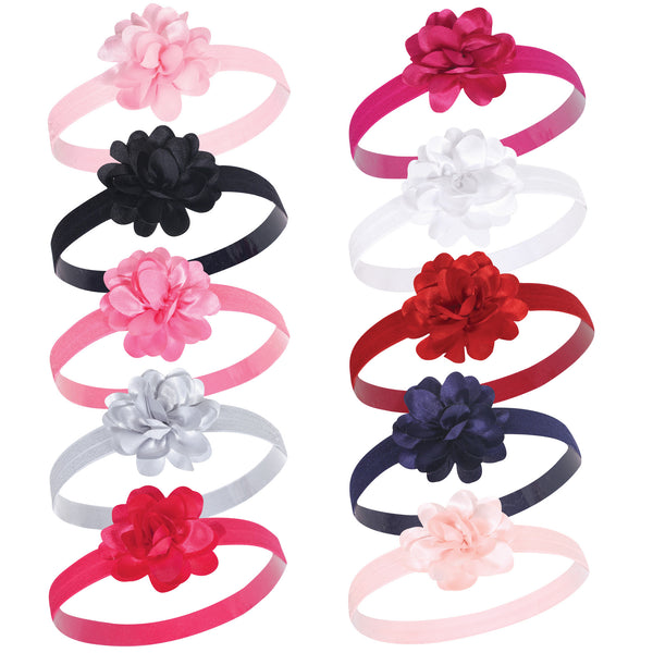 Hudson Baby Infant Girl Headbands 10 Pack, Satin Pink Black, 0-24 Months