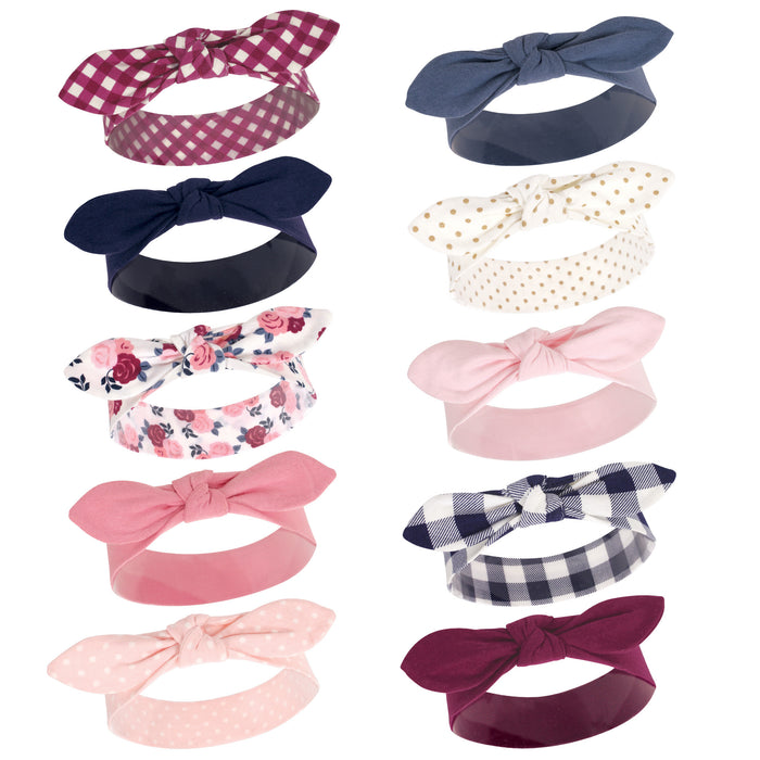 Hudson Baby Infant Girl Cotton Headbands 10-Pack, Pink Navy Floral, 0-24 Months