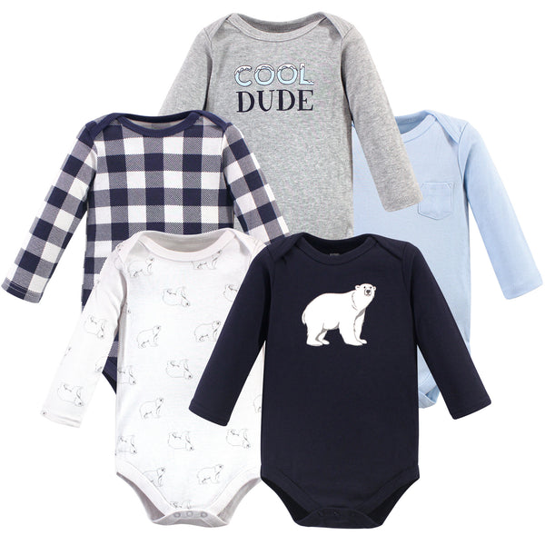 Hudson Baby Infant Boy Cotton Long-Sleeve Bodysuits 5 Pack, Polar Bear