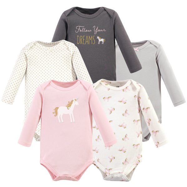 Hudson Baby Infant Girl Cotton Long-Sleeve Bodysuits 5-pack, Gold Unicorn