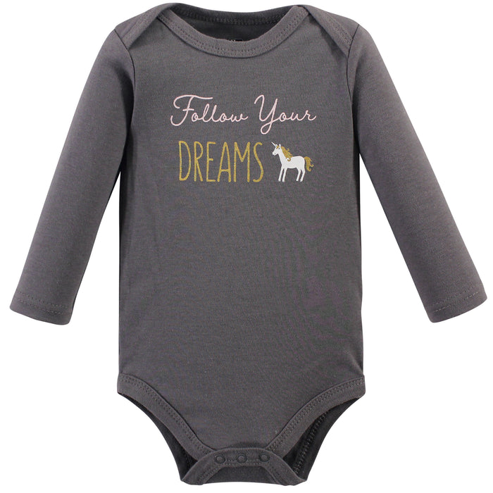 Hudson Baby Infant Girl Cotton Long-Sleeve Bodysuits 5-pack, Gold Unicorn