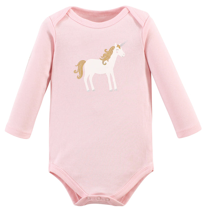 Hudson Baby Infant Girl Cotton Long-Sleeve Bodysuits 5-pack, Gold Unicorn