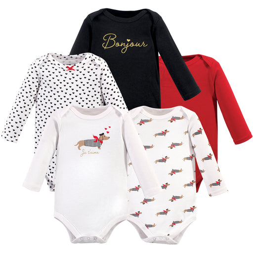 Hudson Baby Infant Girl Cotton Long-Sleeve Bodysuits 5-pack, Bonjour