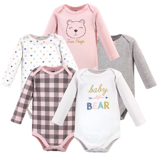Hudson Baby Infant Girl Cotton Long-Sleeve Bodysuits 5-pack, Girl Baby Bear