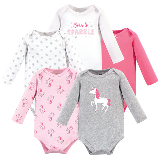 Hudson Baby Infant Girl Cotton Long-Sleeve Bodysuits 5-pack, Pink Unicorn