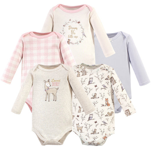 Hudson Baby Infant Girl Cotton Long-Sleeve Bodysuits 5-pack, Enchanted Forest