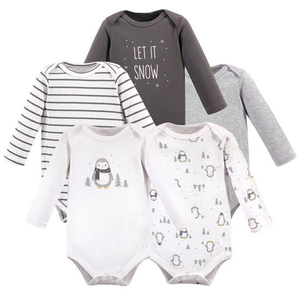 Hudson Baby 5-Pack Cotton Long-Sleeve Bodysuits, Gray Penguin