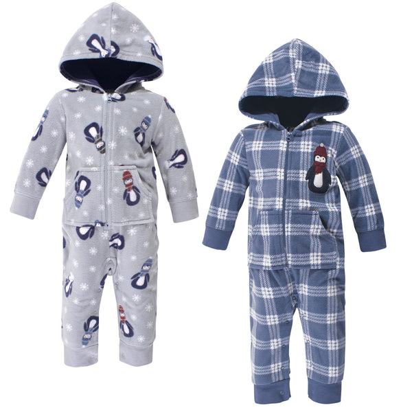 Hudson Baby Infant Boy Fleece Jumpsuits, Coveralls, and Playsuits 2-Pack, Blue Penguin