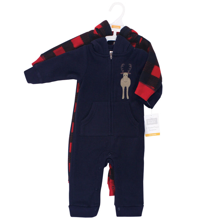 Hudson Baby Infant Boy Fleece Jumpsuits, Coveralls, and Playsuits 2-Pack, Forest Moose