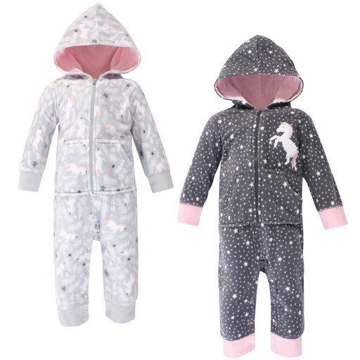 Hudson Baby Infant Girl Fleece Jumpsuits 2 Pack, Whimsical Unicorn