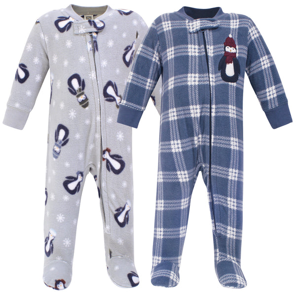 Hudson Baby Infant Boy Fleece Zipper Sleep and Play 2-Pack, Blue Penguin