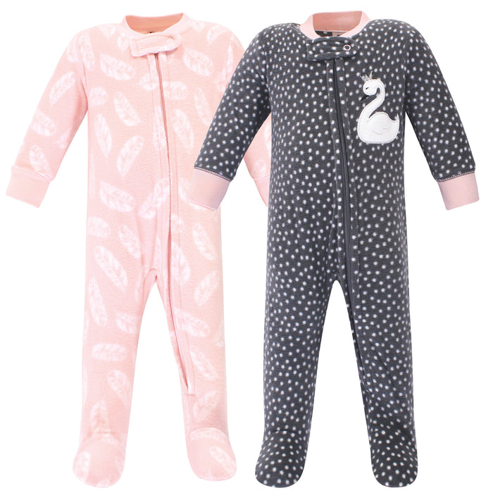 Hudson Baby Infant Girl Fleece Zipper Sleep and Play 2 Pack, Swan