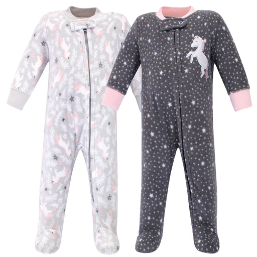 Hudson Baby Infant Girl Fleece Zipper Sleep and Play 2 Pack, Whimsical Unicorn