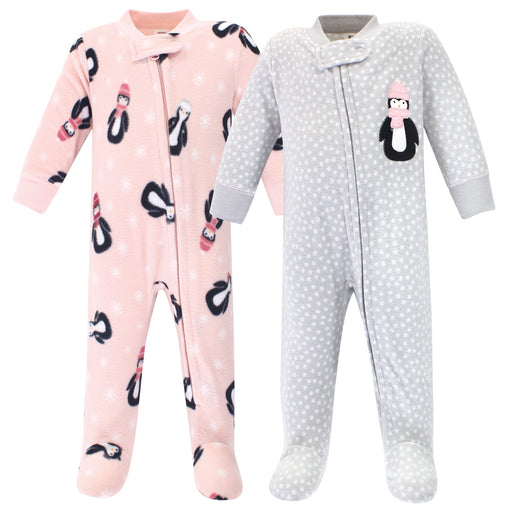 Hudson Baby Infant Girl Fleece Zipper Sleep and Play 2 Pack, Pink Penguin