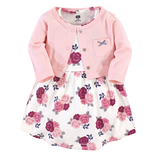 Hudson Baby Girls Cotton Dress and Cardigan 2 Piece Set, Blush Floral