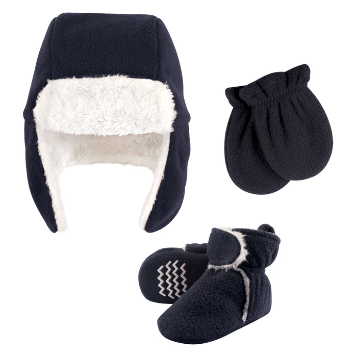 Hudson Baby Infant Boy Trapper Hat, Mitten and Bootie Set, Navy