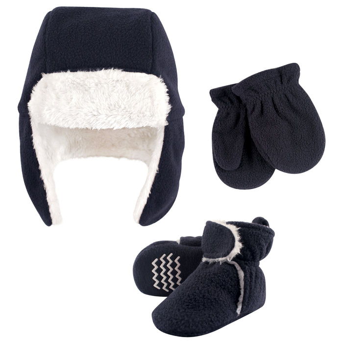 Hudson Baby Infant Boy Trapper Hat, Mitten and Bootie Set, Navy