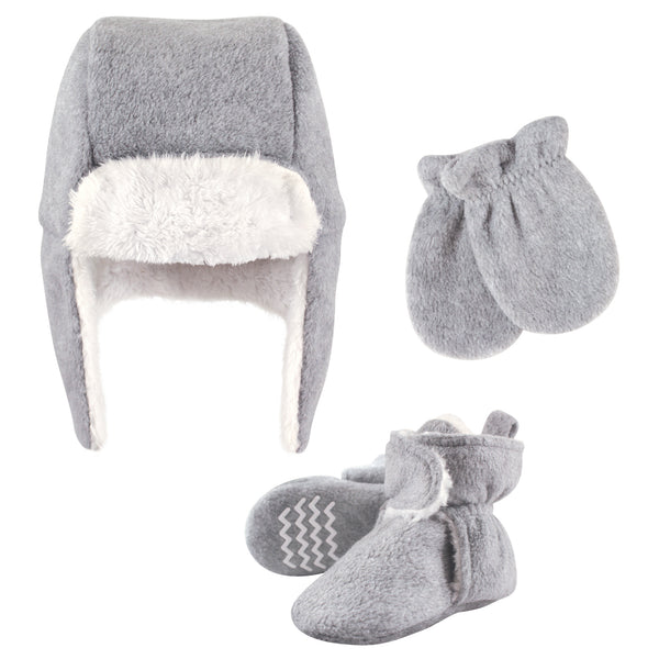 Hudson Baby Trapper Hat, Mitten and Bootie Set, Heather Gray