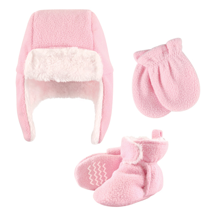 Hudson Baby Infant Girl Trapper Hat, Mitten and Bootie Set, Light Pink