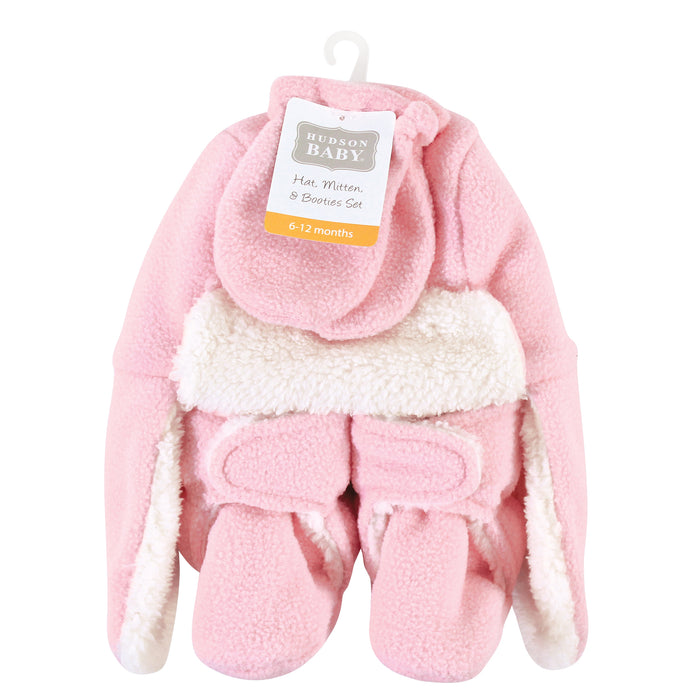 Hudson Baby Infant Girl Trapper Hat, Mitten and Bootie Set, Light Pink