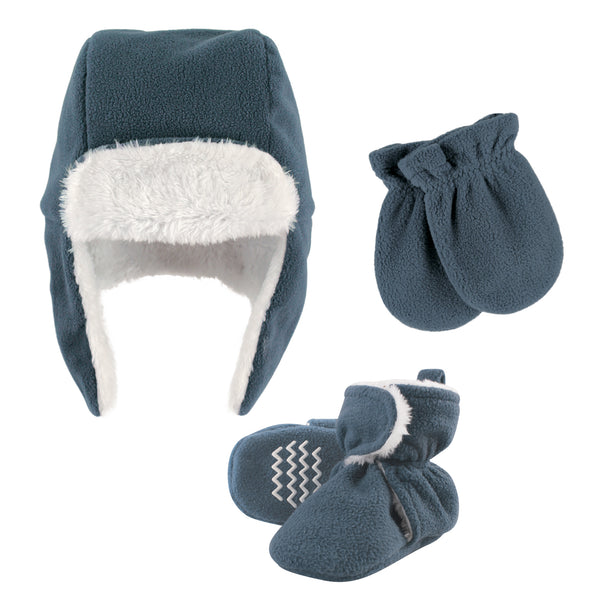 Hudson Baby Infant Boy Trapper Hat, Mitten and Bootie Set, Coronet Blue