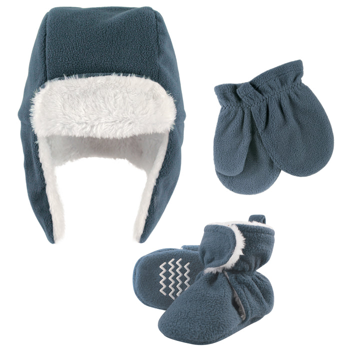 Hudson Baby Infant Boy Trapper Hat, Mitten and Bootie Set, Coronet Blue