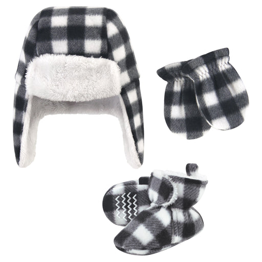 Hudson Baby Gender Neutral Baby Trapper Hat, Mitten and Bootie Set, Black White Plaid