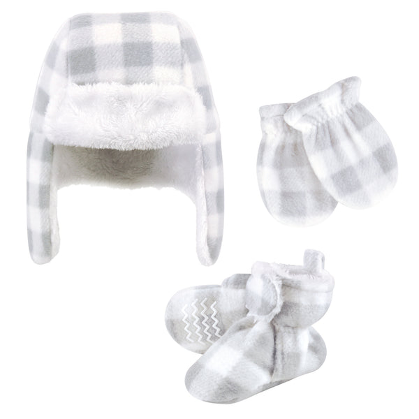 Hudson Baby Gender Neutral Baby Trapper Hat, Mitten and Bootie Set, Gray White Plaid