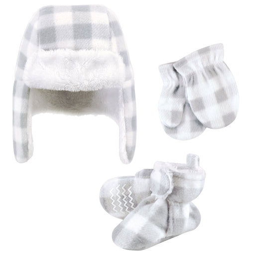 Hudson Baby Gender Neutral Baby Trapper Hat, Mitten and Bootie Set, Gray White Plaid