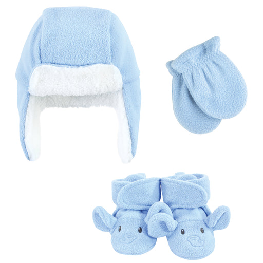 Hudson Baby Gender Neutral Baby Trapper Hat, Mitten and Bootie Set, Blue Elephant