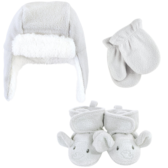 Hudson Baby Gender Neutral Baby Trapper Hat, Mitten and Bootie Set, Gray Elephant