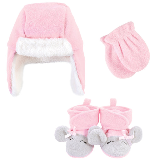 Hudson Baby Infant Girl Trapper Hat, Mitten and Bootie Set, Pink Gray Elephant