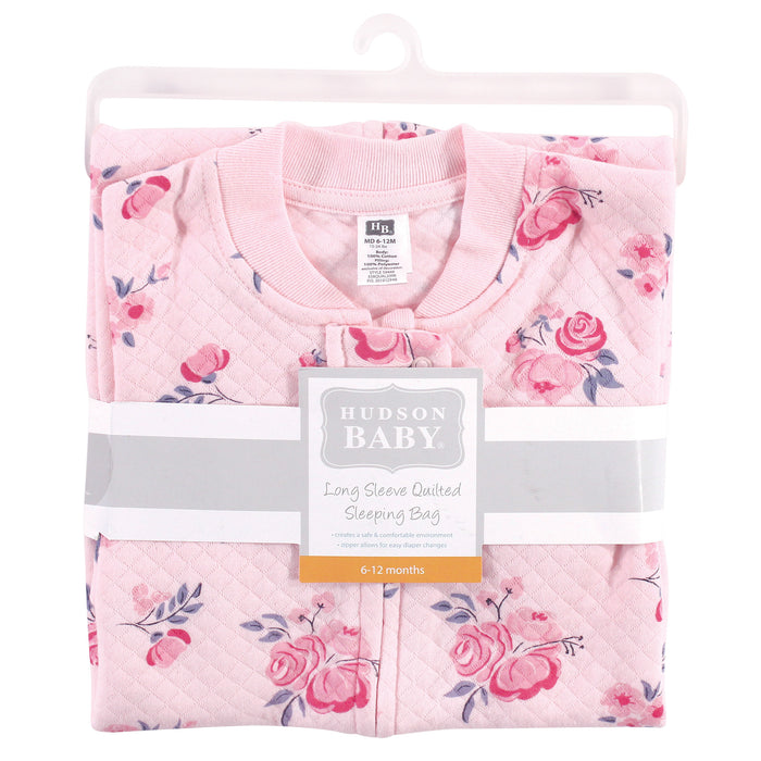 Hudson Baby Infant Girl Premium Quilted Long Sleeve Wearable Blanket, Pink Navy Floral
