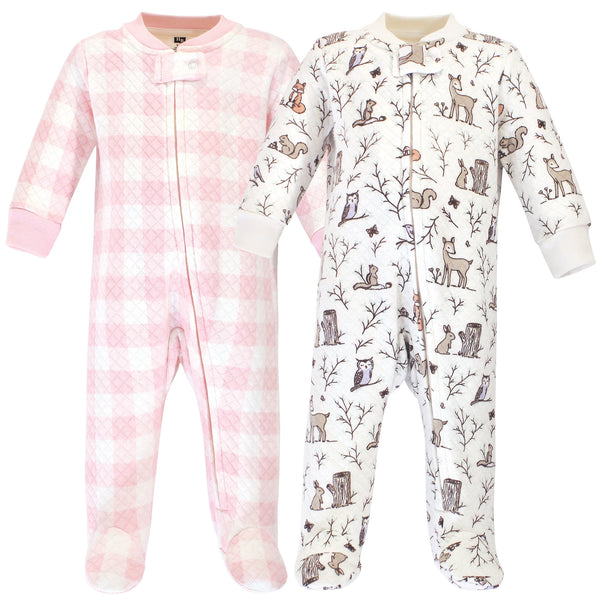 Hudson Baby Infant Girl Premium Quilted Zipper Sleep and Play 2-Pack, Enchanted Forest