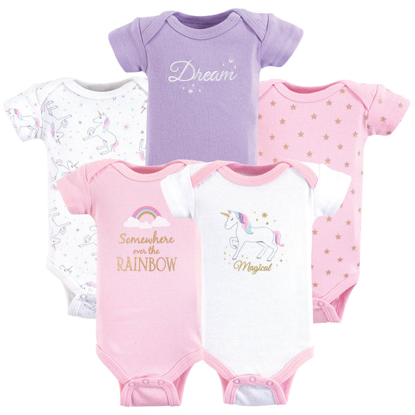 Hudson Baby Infant Girl Cotton Preemie Bodysuits 5 Pack, Magical Unicorn