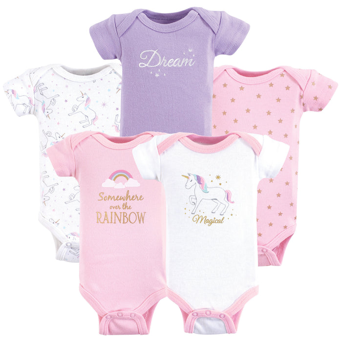 Hudson Baby Infant Girl Cotton Preemie Bodysuits 5 Pack, Magical Unicorn