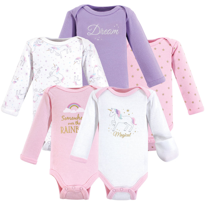 Hudson Baby Infant Girl Cotton Preemie Long-Sleeve Bodysuits 5 Pack, Magical Unicorn
